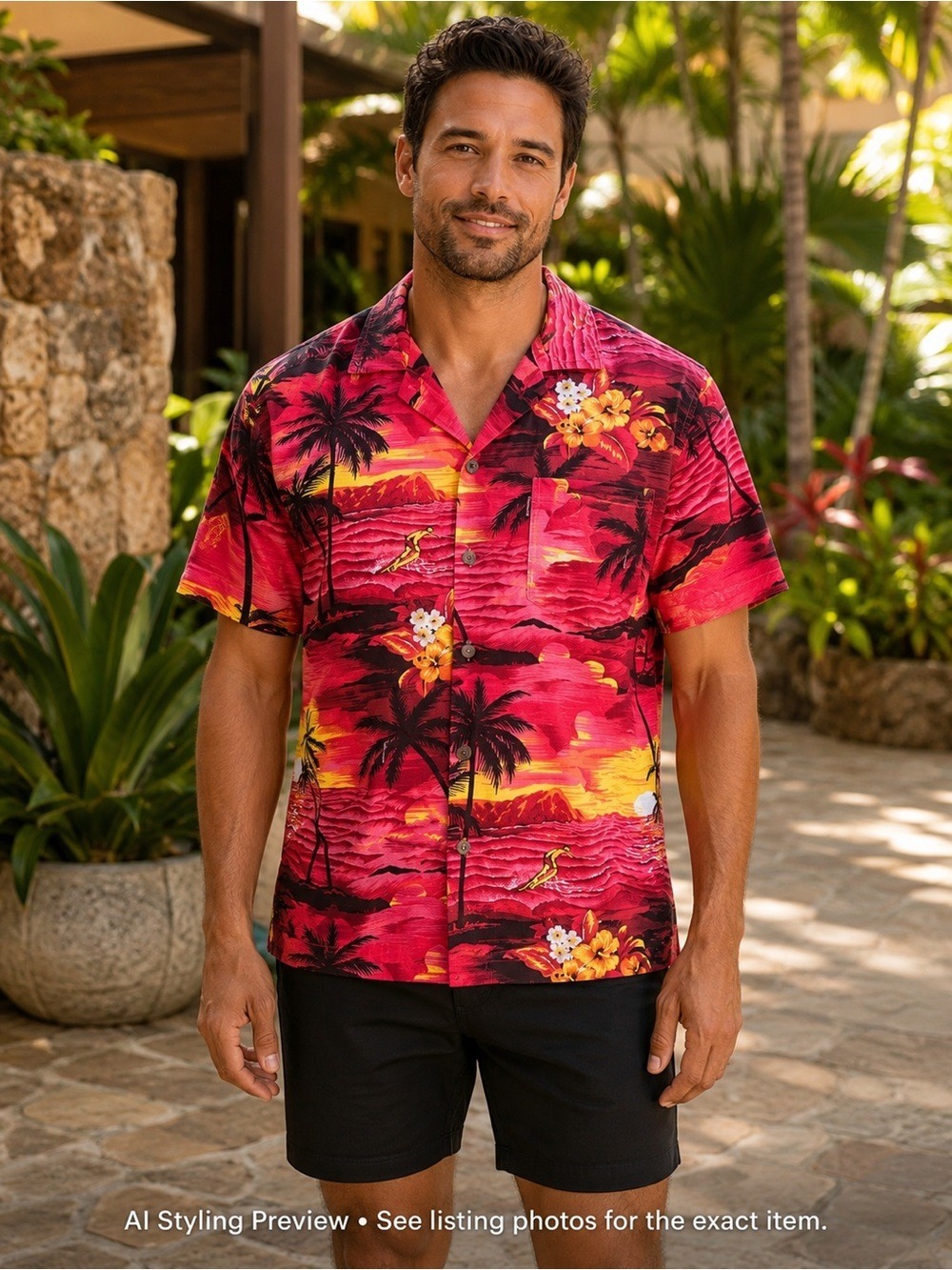 Vintage Palmwave Hawaii Red Black Tropical Hawaiian Camp Shirt 100% Cotton Men’s